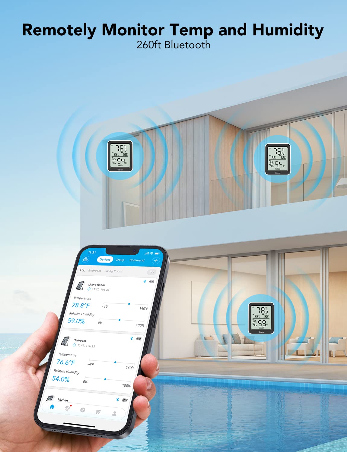 Govee pantalla mostrando registros max-min y cómodos indicadores ambientales