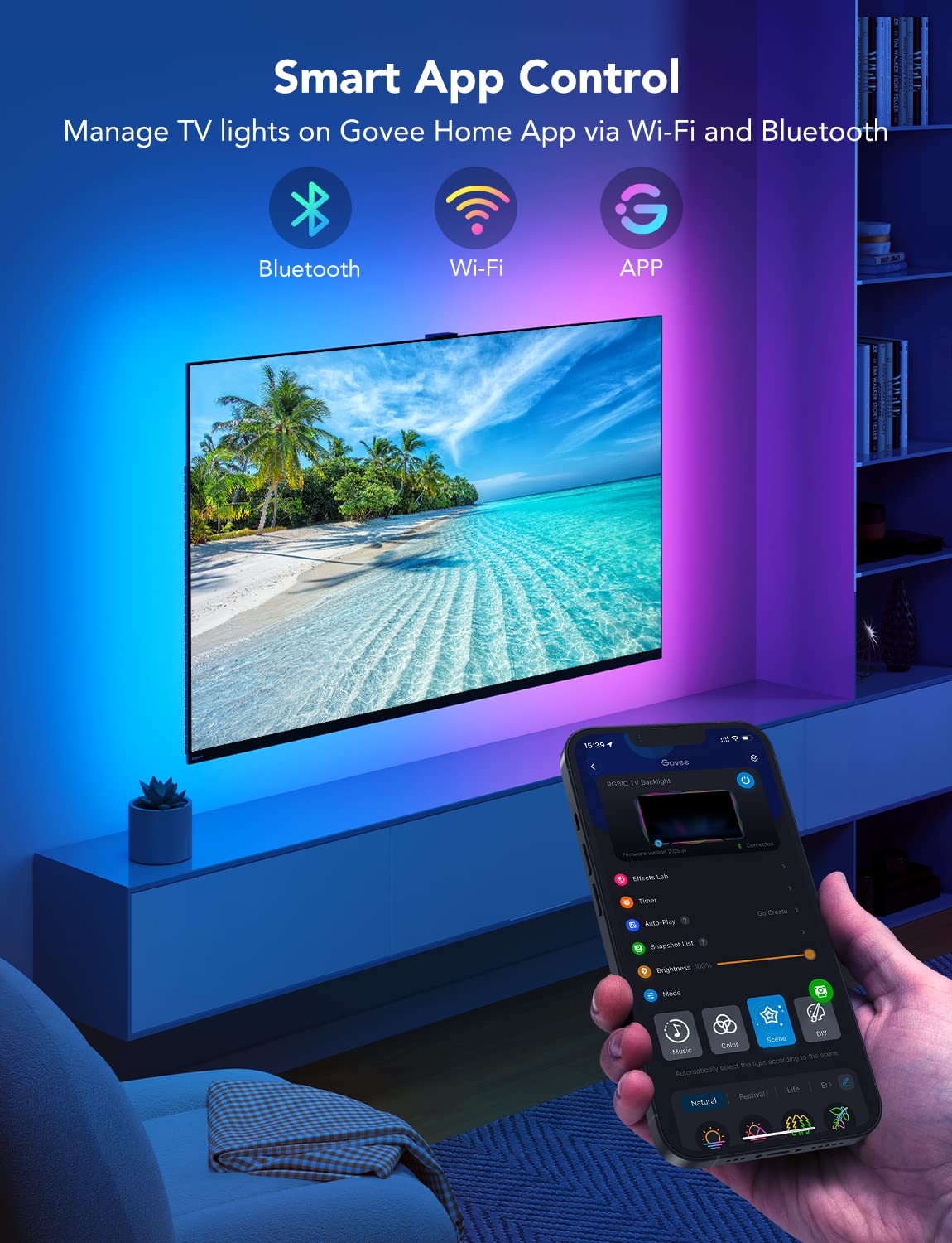 Govee instalación en TV con clips asegurando sujeción estable