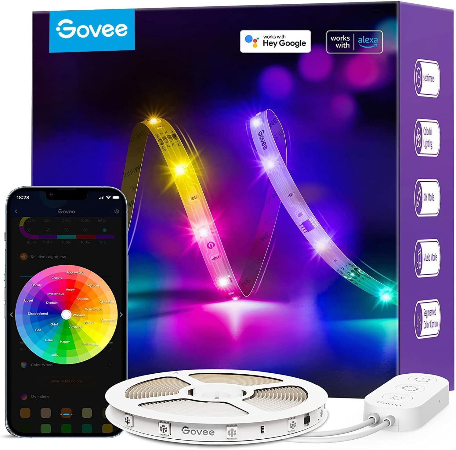 Govee tira LED frontal mostrando colores múltiples para decoración vibrante