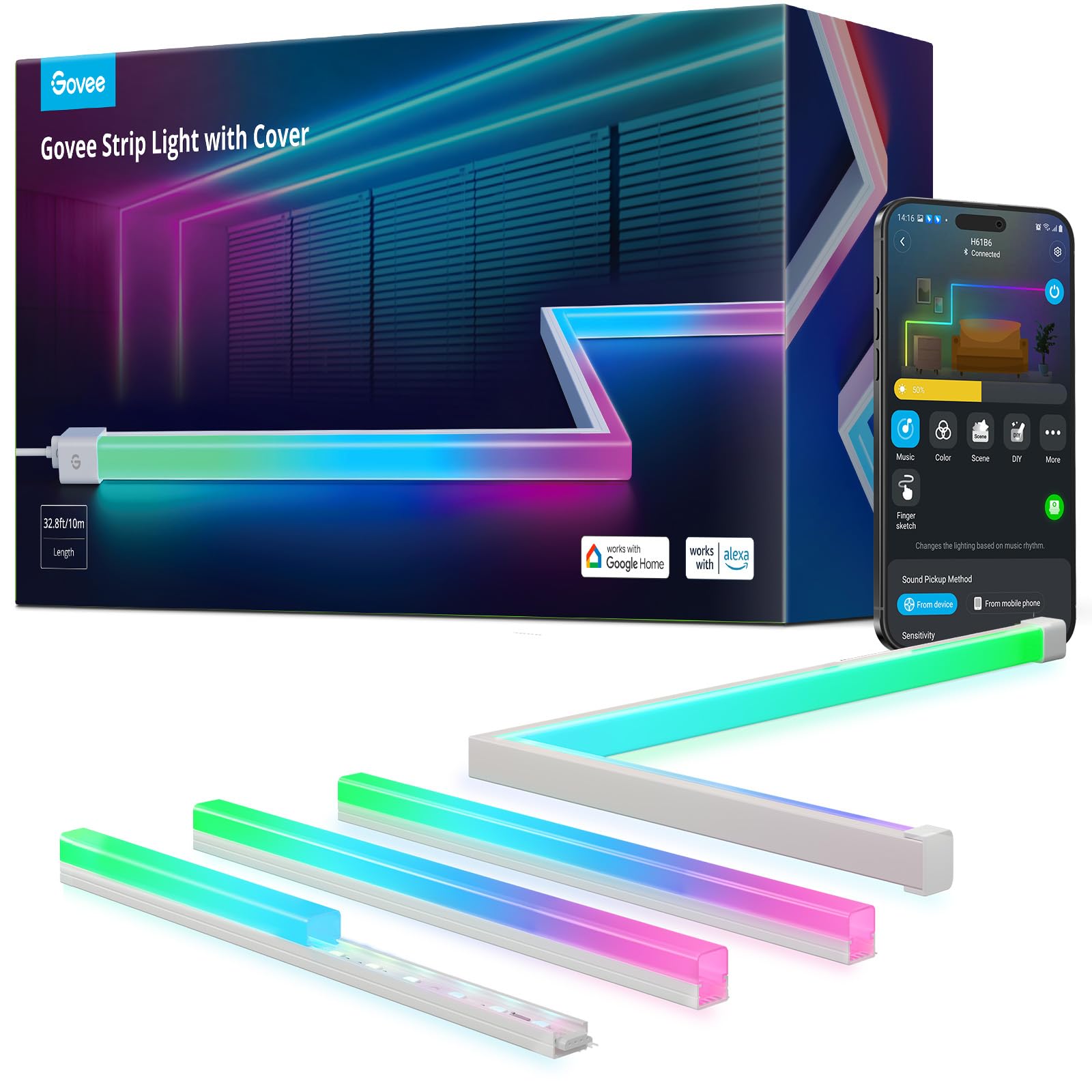 Govee tira LED frontal enrollada mostrando longitud y flexibilidad para decorar