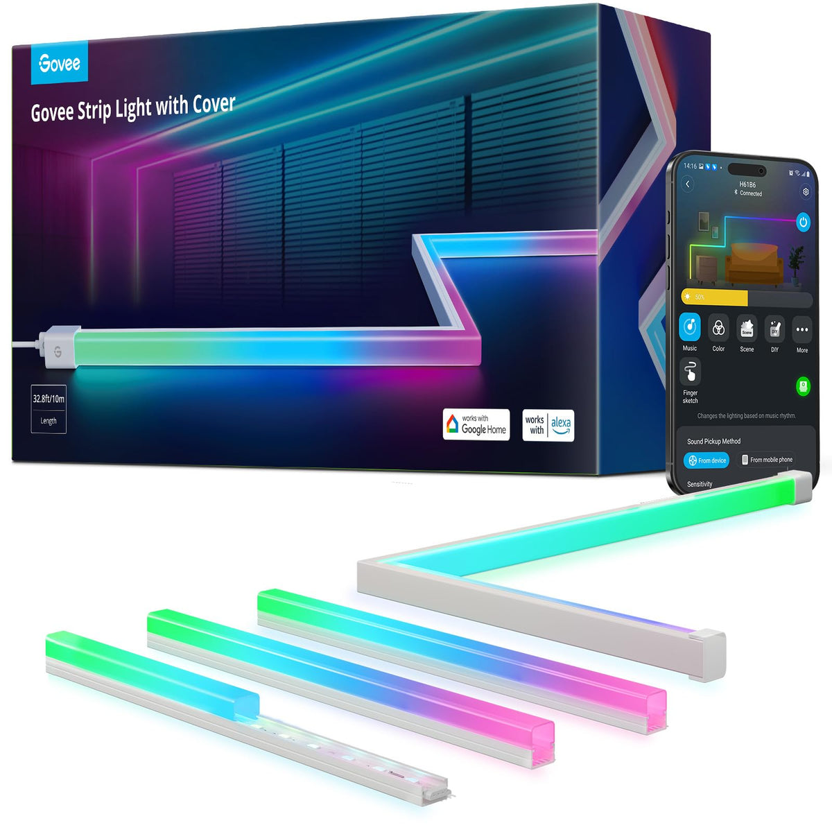 Govee tira LED frontal enrollada mostrando longitud y flexibilidad para decorar
