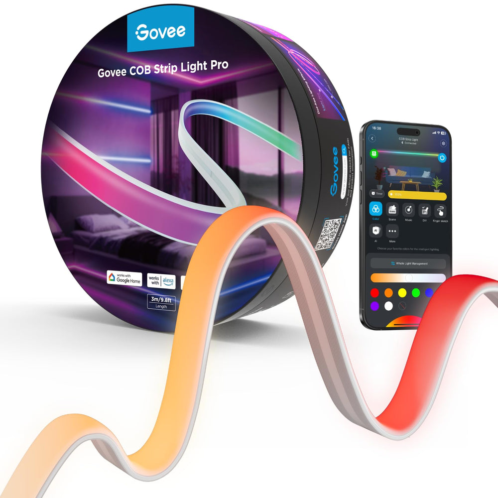 Govee tira LED Pro frontal mostrando colores vibrantes y beneficio de ambiente adaptable