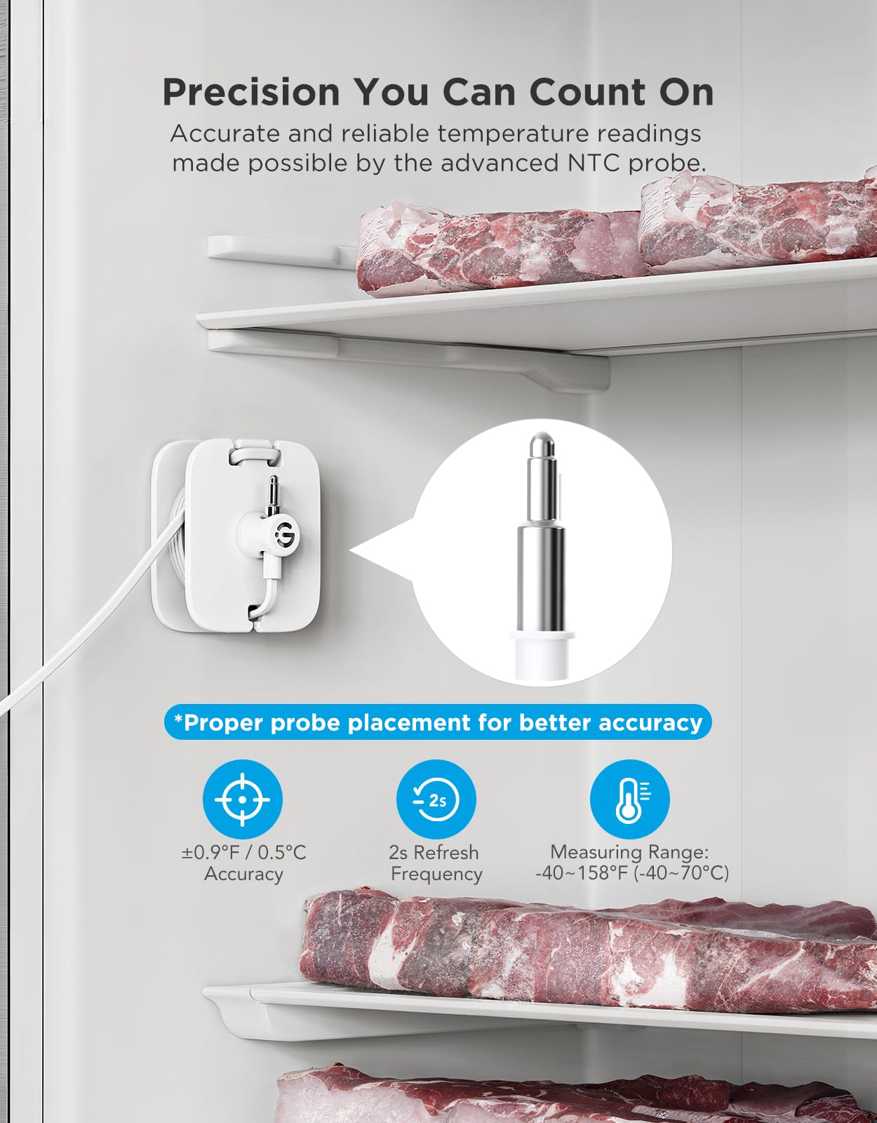 GoveeLife sensor colocado en el interior de una nevera protegiendo alimentos