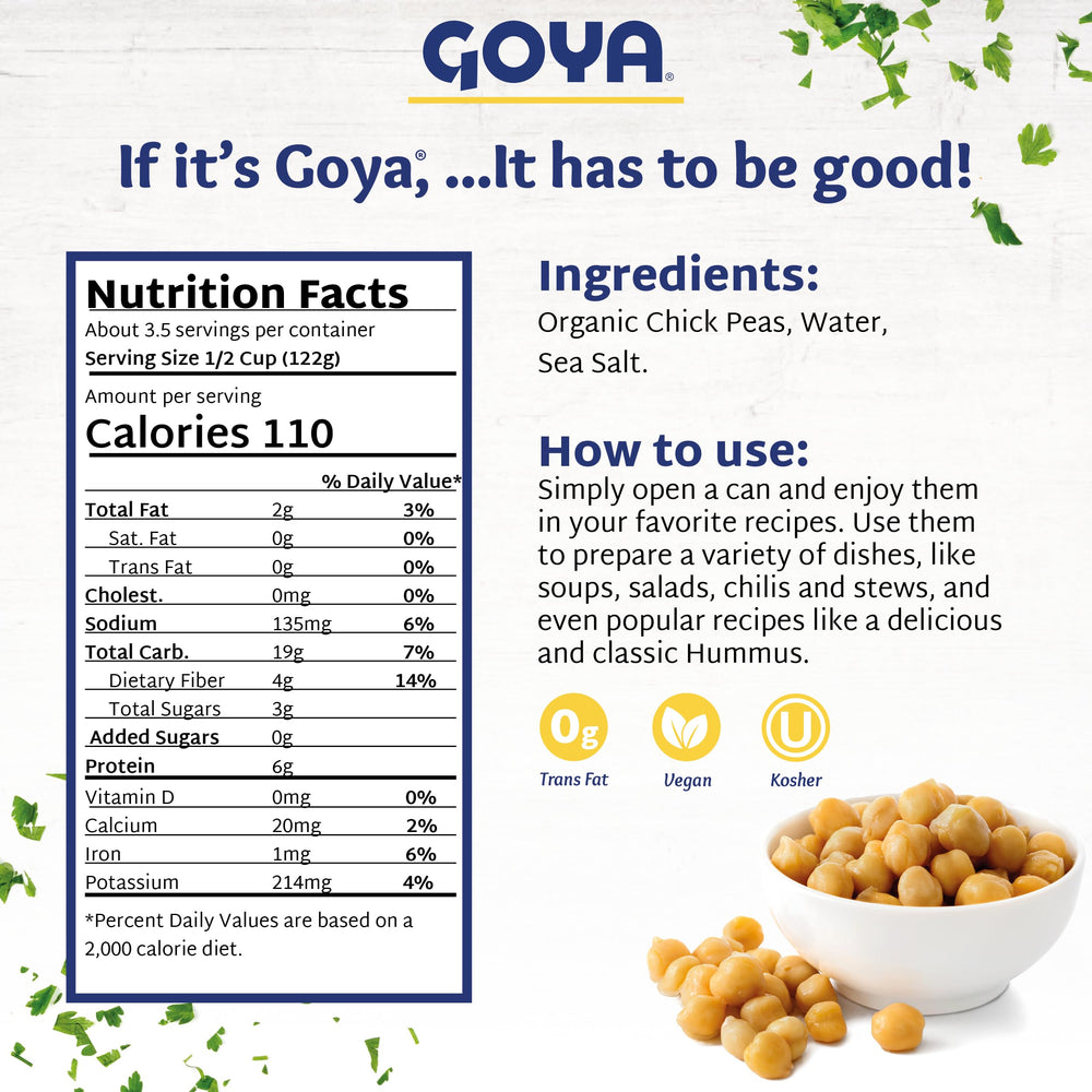 Goya garbanzos orgánicos en ensalada lista para servir, aporta fibra y proteína vegetal