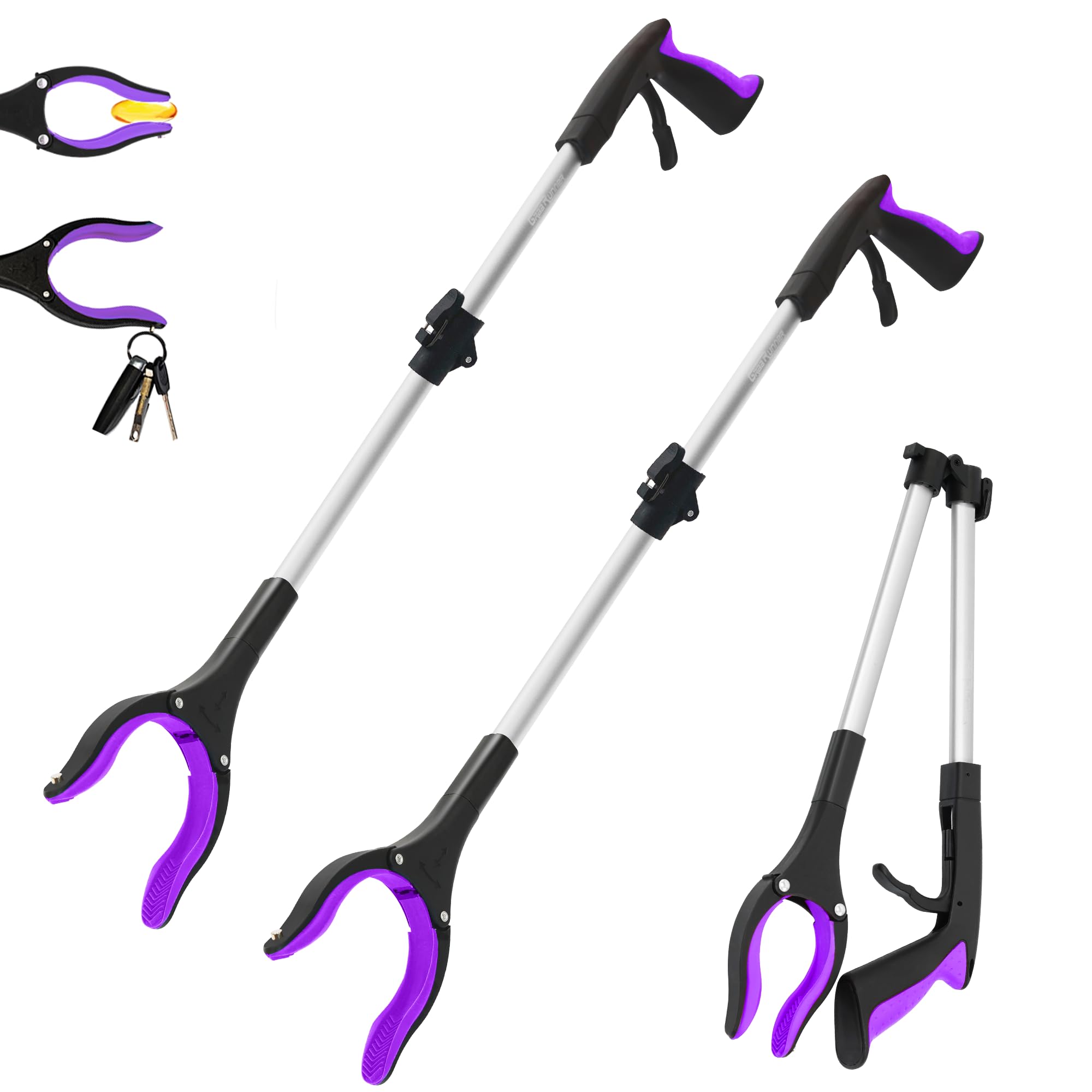 GrabRunner frontal pack morada mostrando longitud y diseño práctico