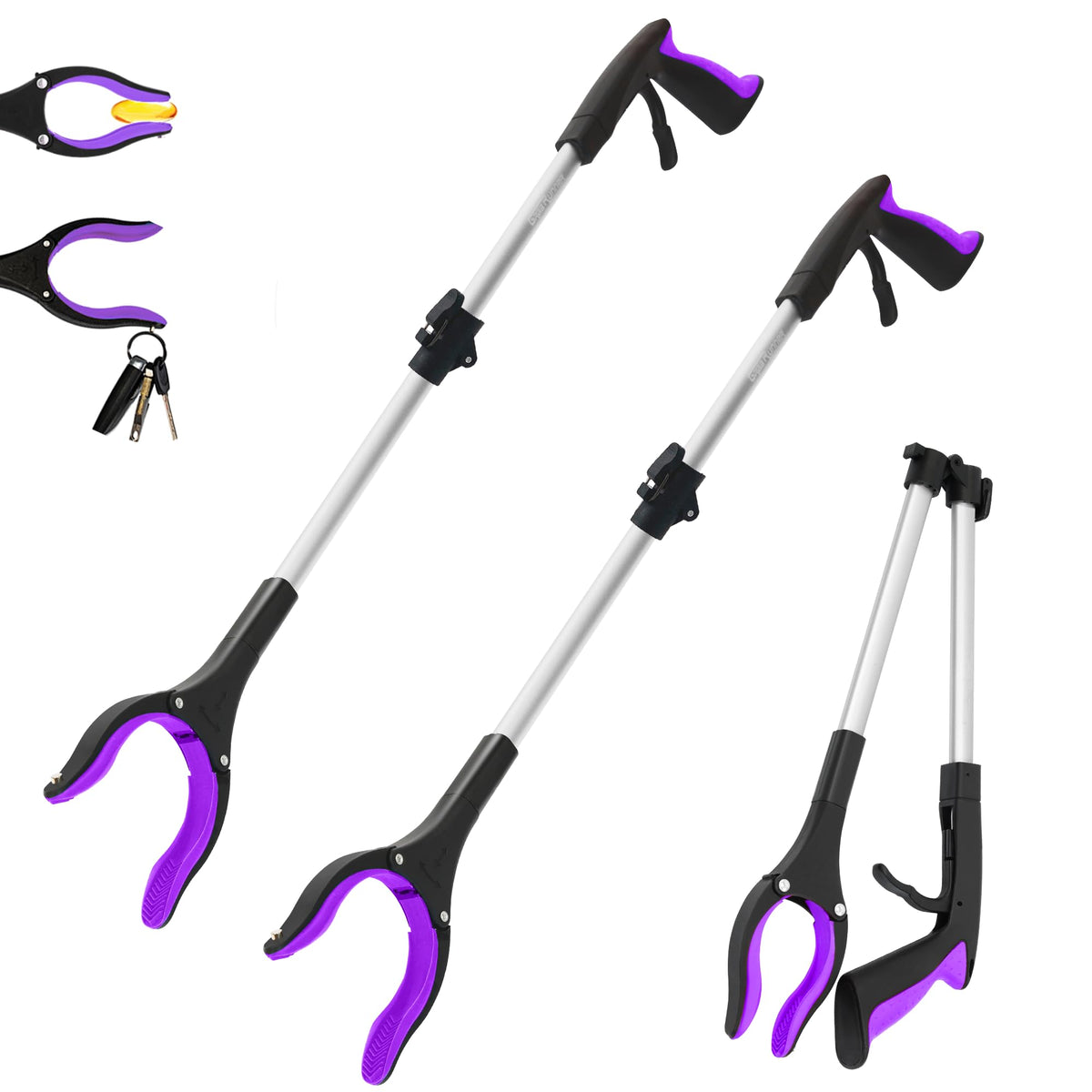 GrabRunner frontal pack morada mostrando longitud y diseño práctico