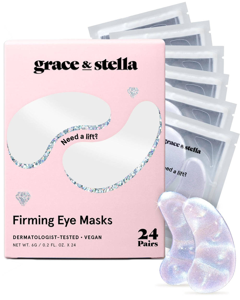 grace & stella empaquetado frontal mostrando parches y beneficios visibles