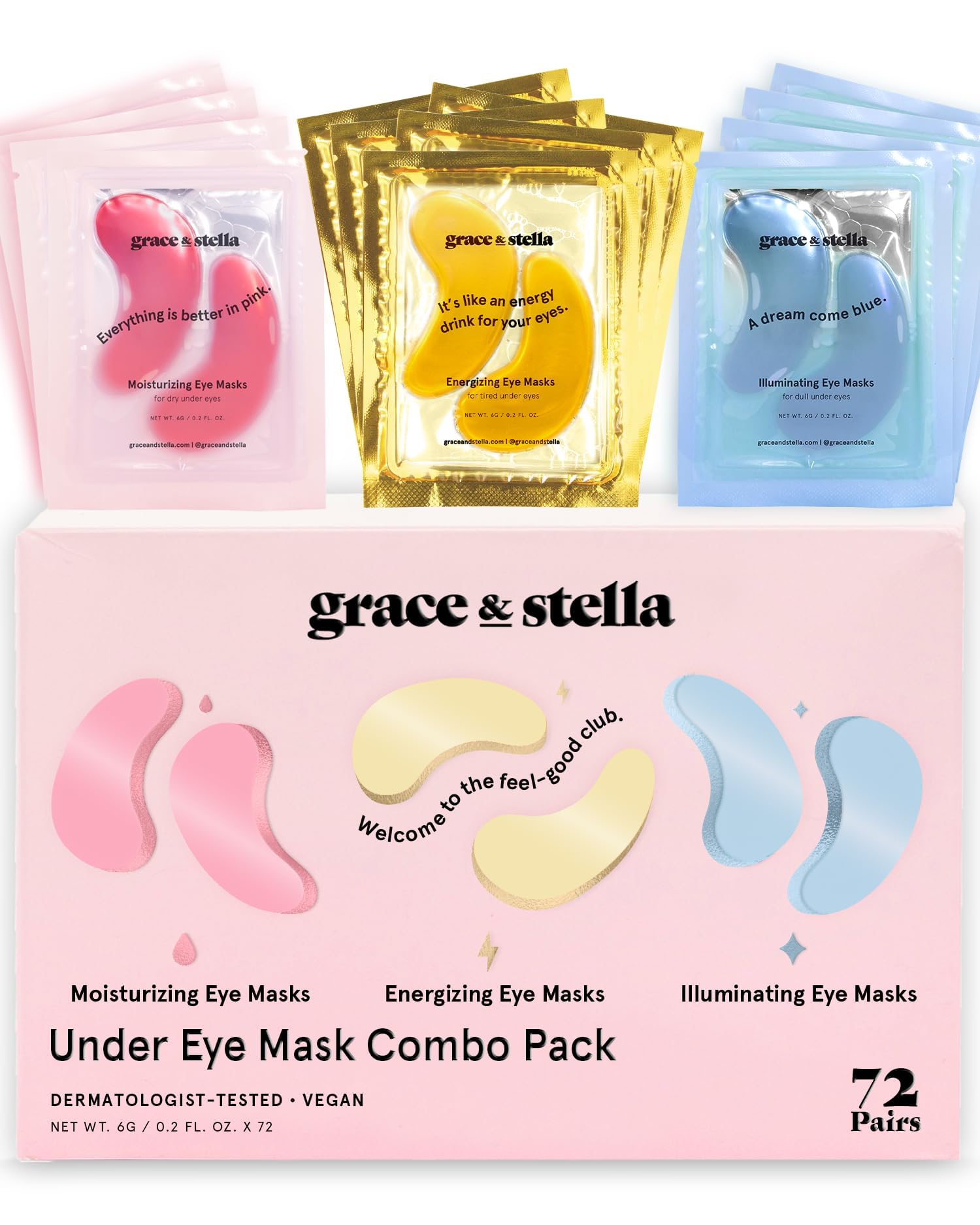 grace & stella empaque frontal mostrando 72 pares y beneficios visibles