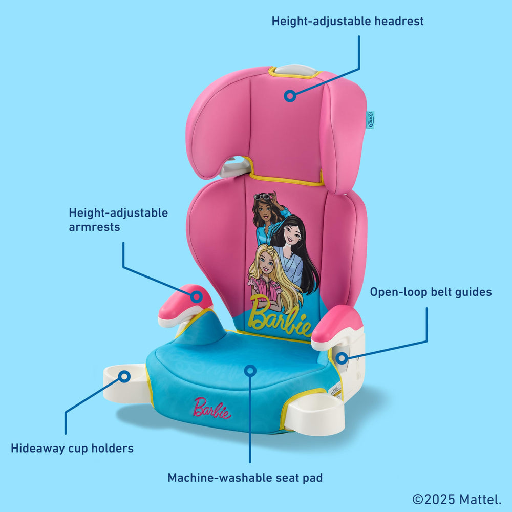 Graco Barbie instalado con niño y padres demostrando uso seguro