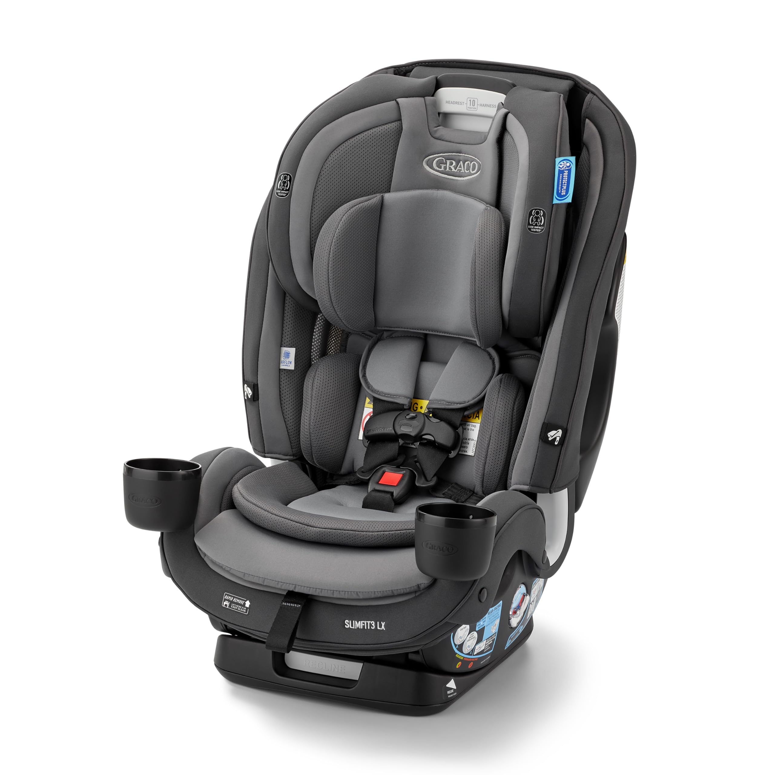 Graco SlimFit3 LX vista frontal que muestra diseño estrecho y beneficios de espacio