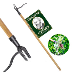 Grampa's Weeder front view showing full tool and bamboo handle for ergonomic weeding