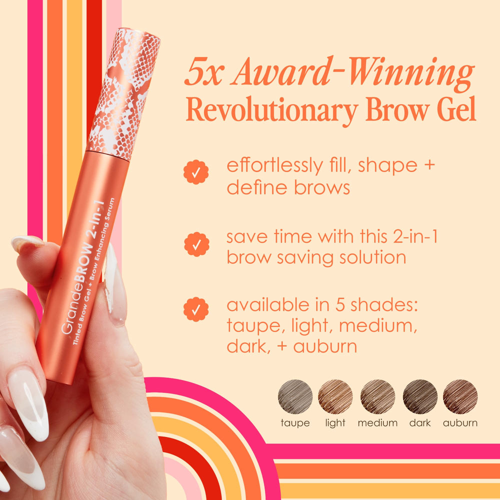 Grande Cosmetics modelo aplicando el gel para cejas con facilidad