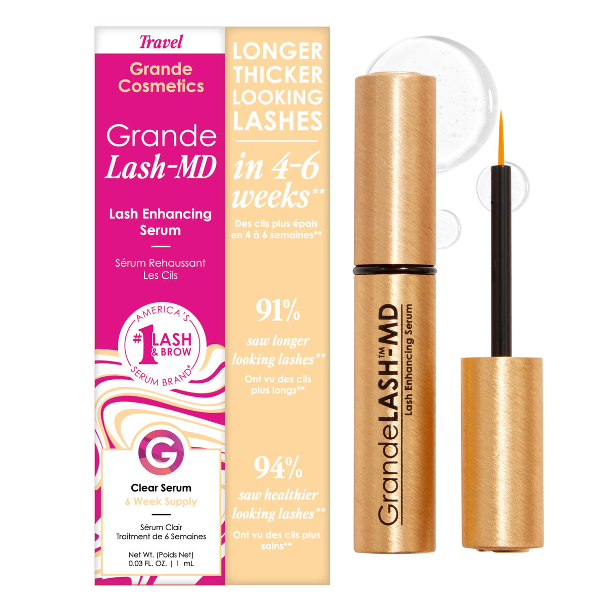 Grande Cosmetics GrandeLASH-MD frente del empaque mostrando el tubo y marca, aporta confianza