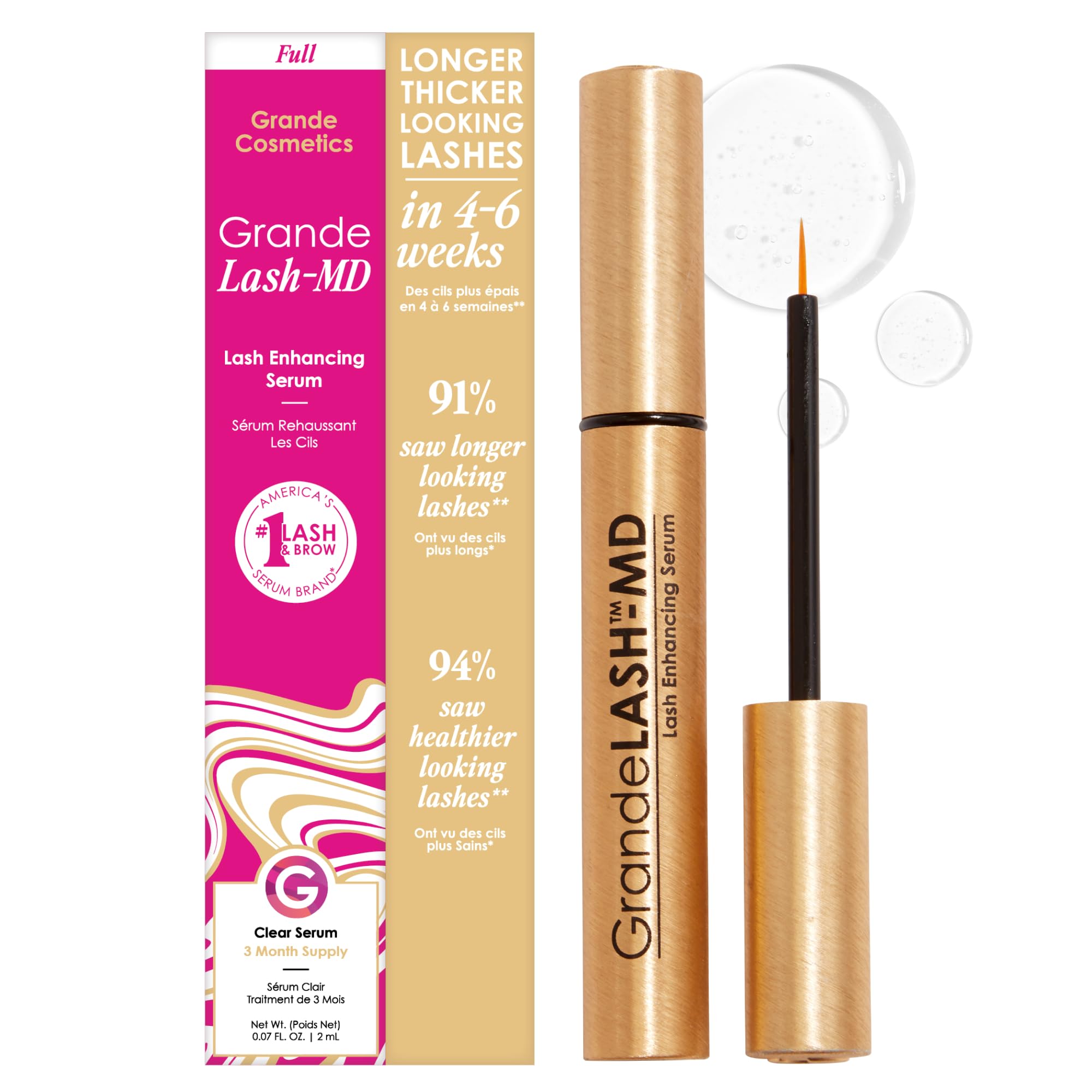 Grande Cosmetics frasco frontal mostrando etiqueta y tamaño, aspecto profesional