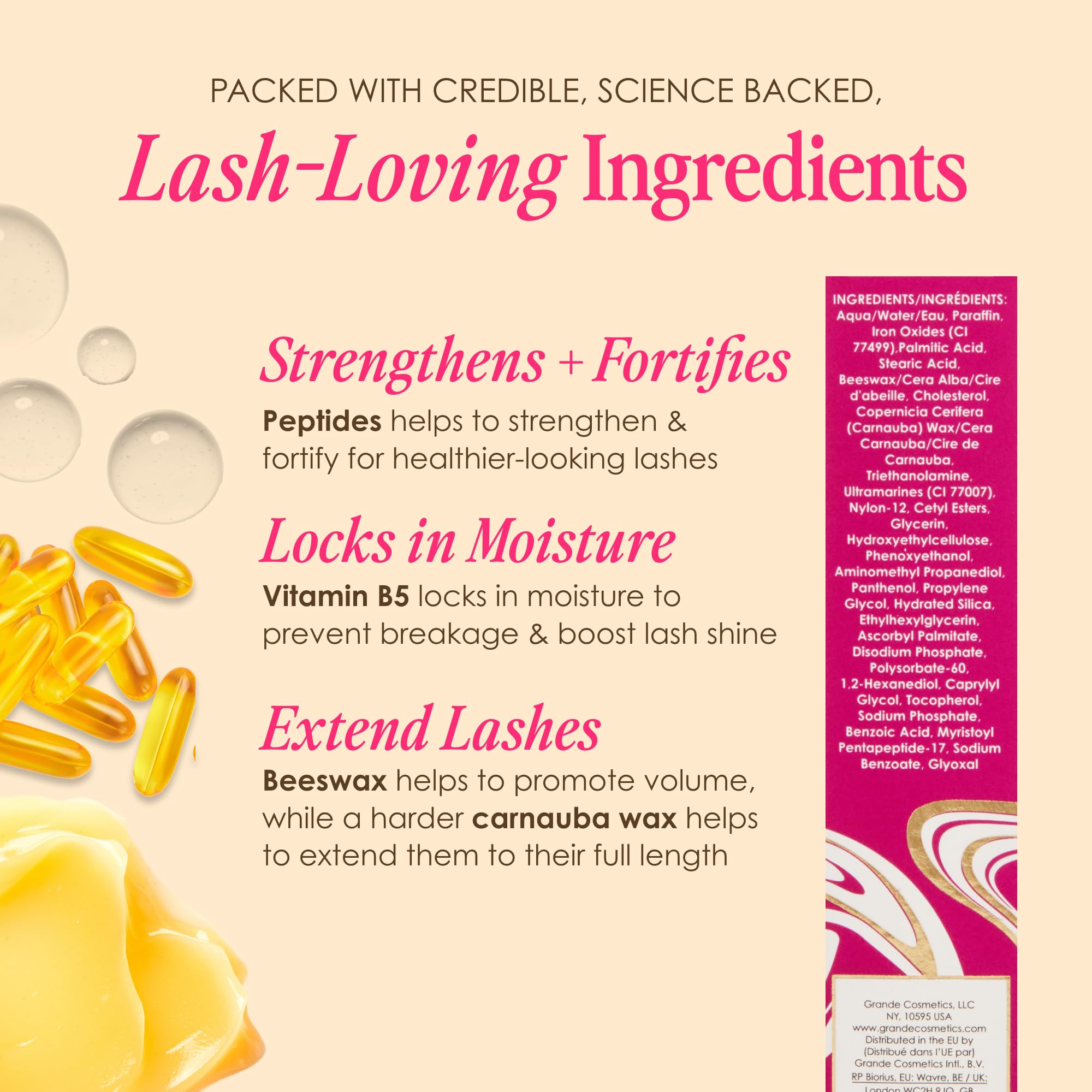 Grande Cosmetics etiqueta de ingredientes que destaca péptidos y pantenol nutritivos