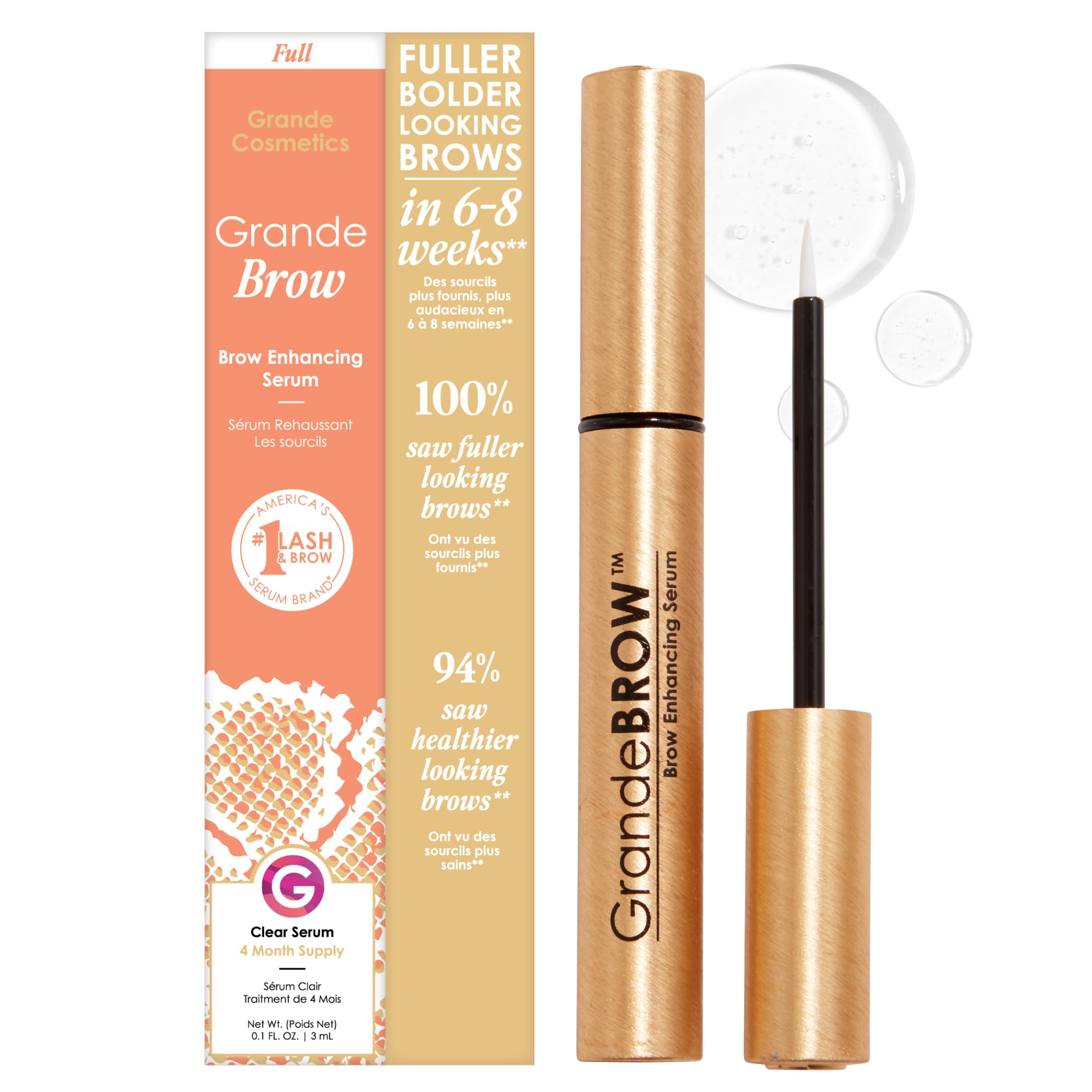 Grande Cosmetics envase frontal de GrandeBROW mostrando diseño y tamaño, aporta confianza