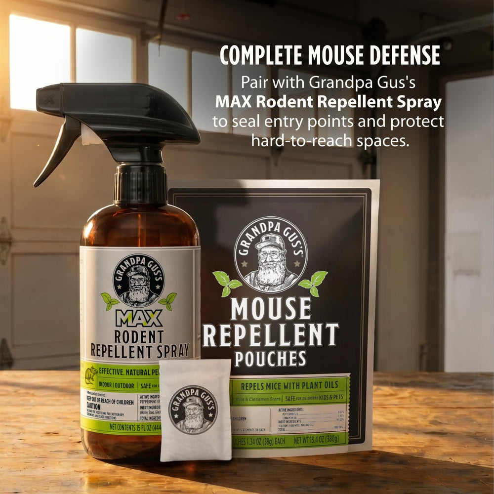 Grandpa Gus's etiqueta que muestra aceite de menta y canela, fórmula dual extra-fuerte