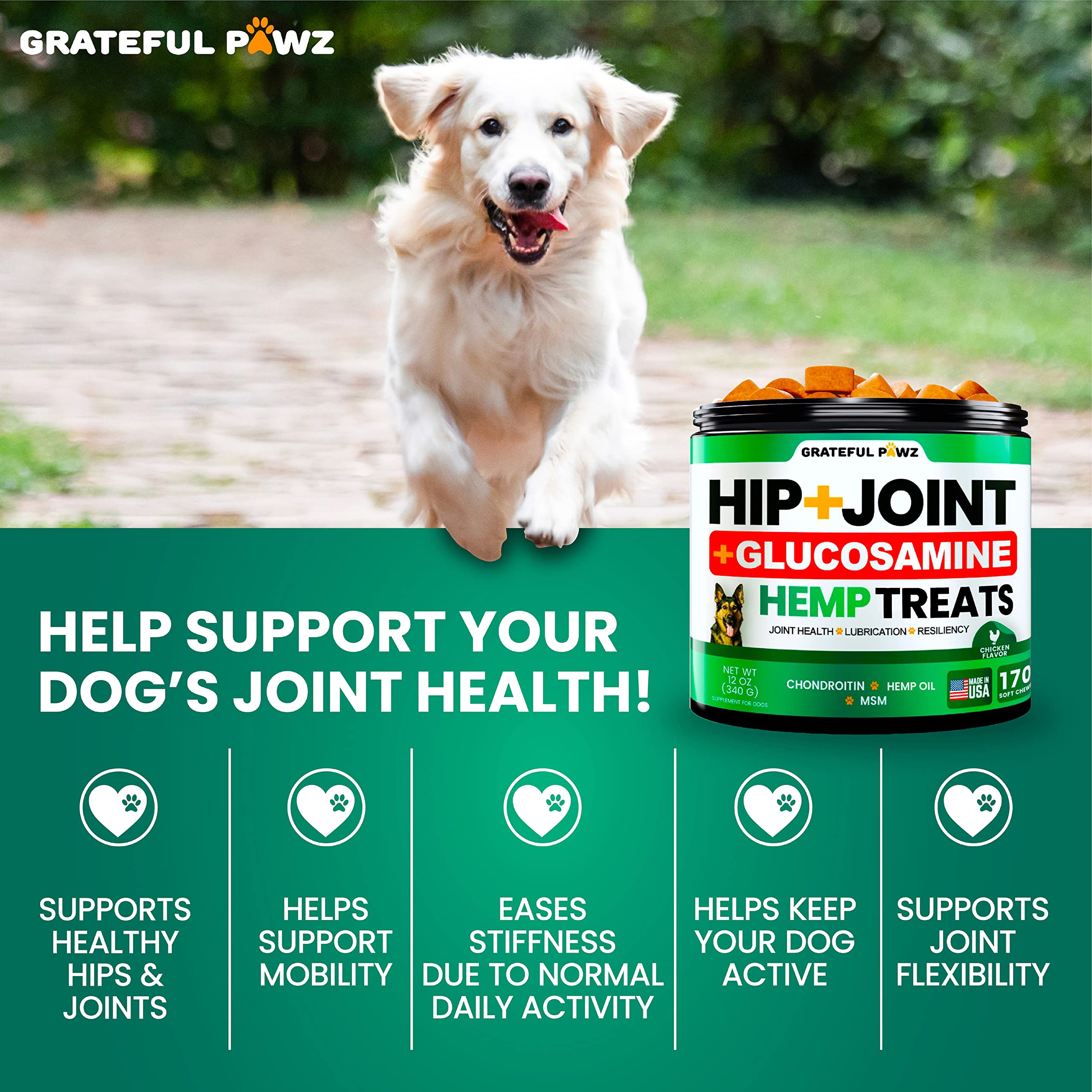 Grateful Pawz ingredients label closeup, highlights glucosamine and natural formula