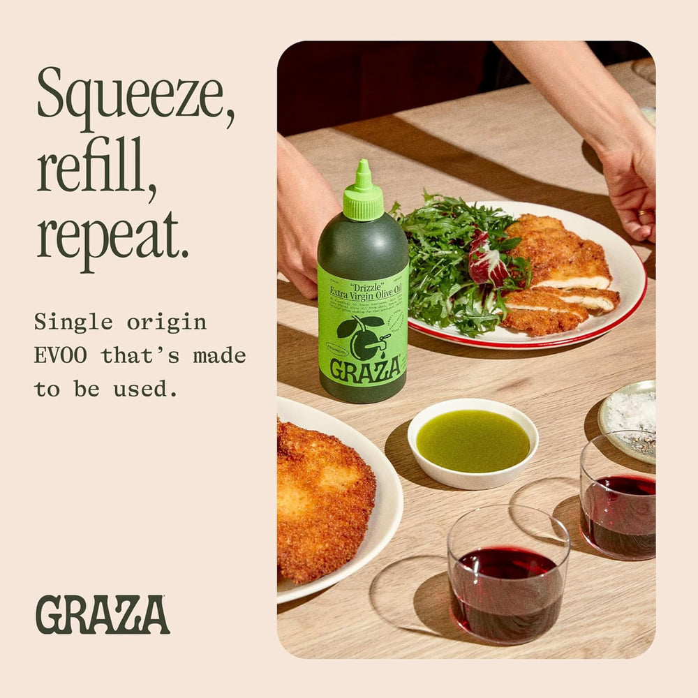 Ambientación en cocina con Graza Drizzle listo para terminar platos gourmet