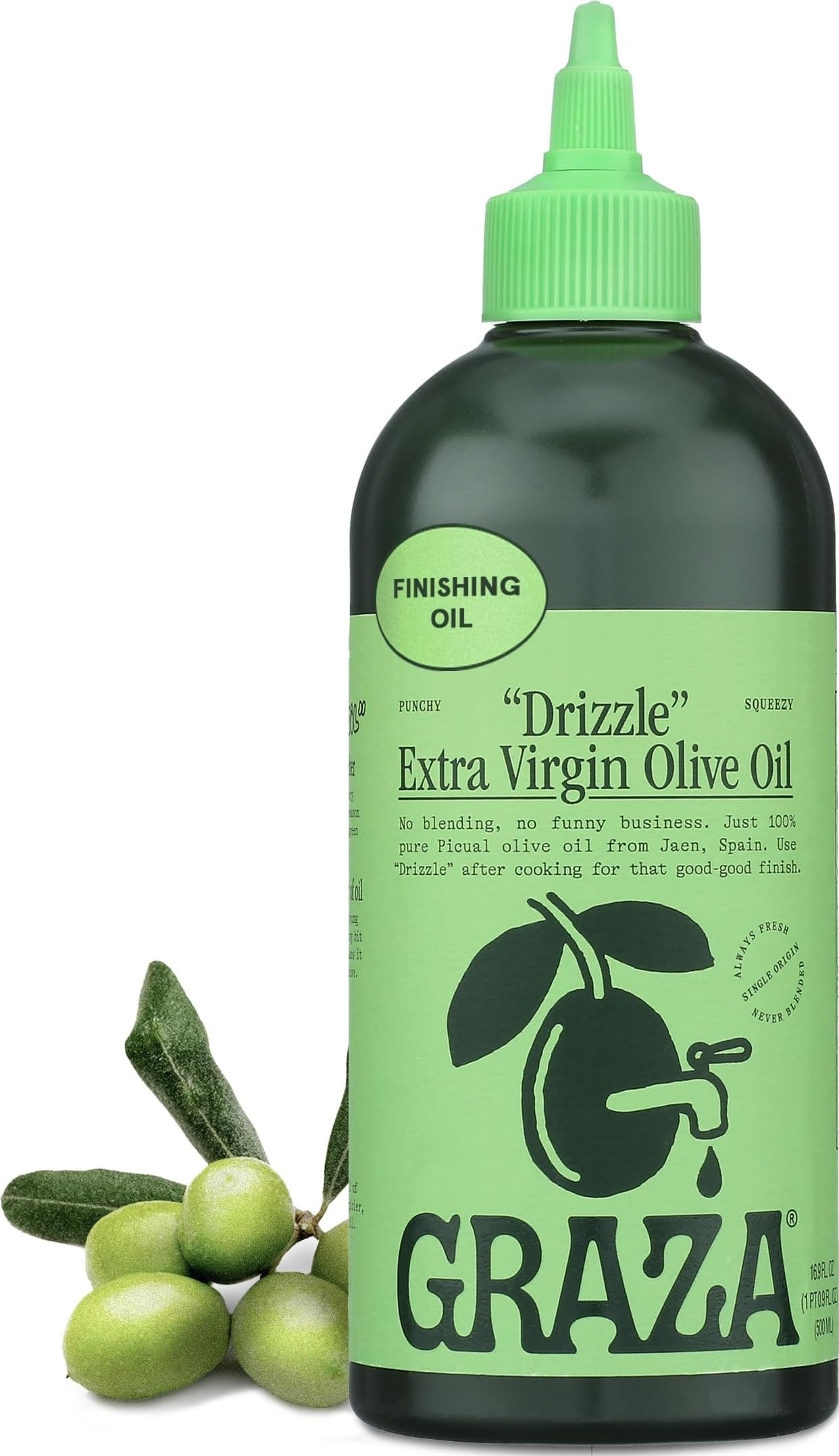Botella Graza Drizzle frontal mostrando diseño y aplicador para dosificar sabor