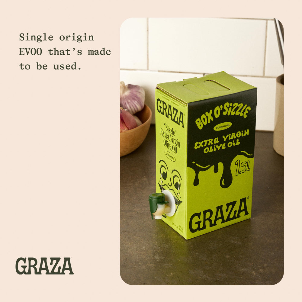 Graza Sizzle en cocina con alimentos, utilidad diaria para recetas variadas