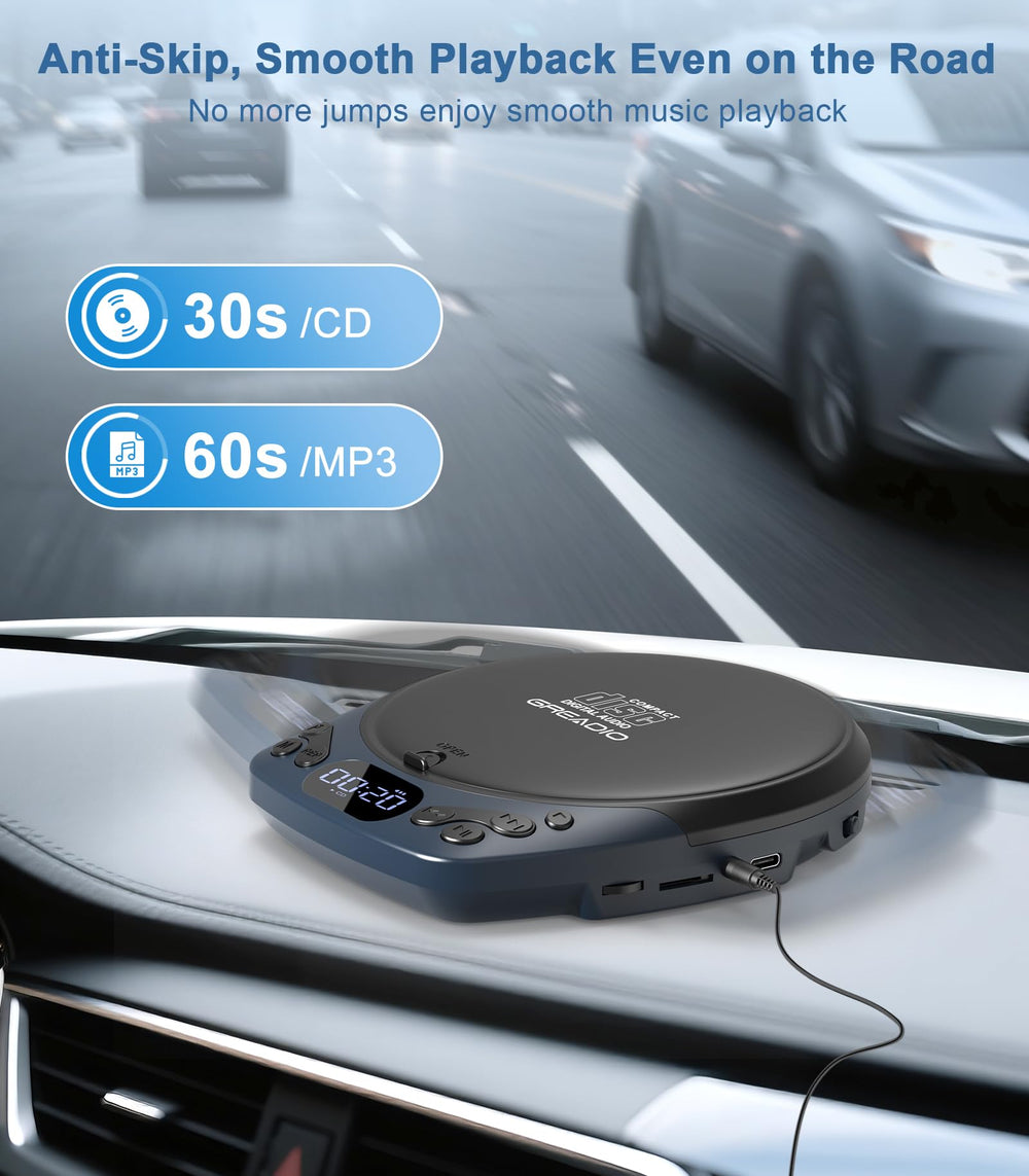 Greadio conectado por cable AUX al sistema de coche para audio de CD estable