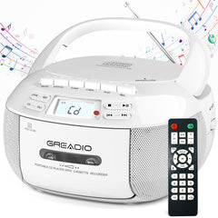 Greadio vista frontal del boombox mostrando altavoces y tapa de CD para sonido estéreo