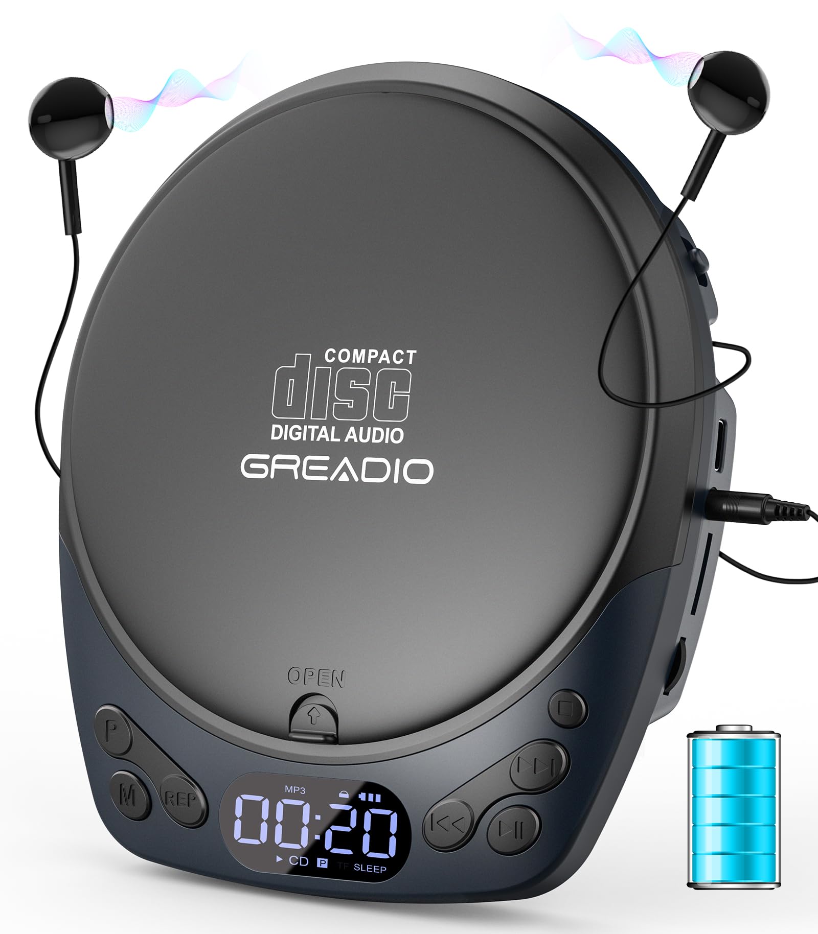 Greadio vista frontal del reproductor CD con diseño compacto y fácil uso