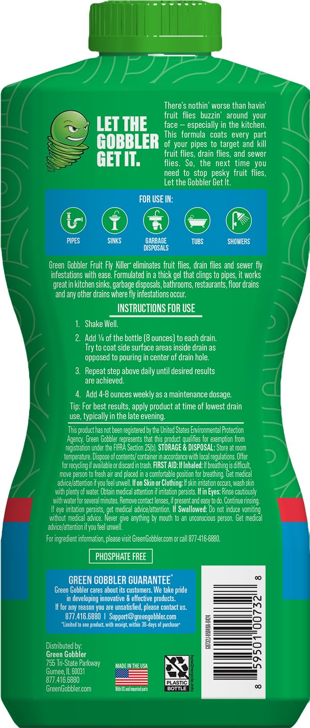 Green Gobbler etiqueta legible destacando instrucciones y beneficios