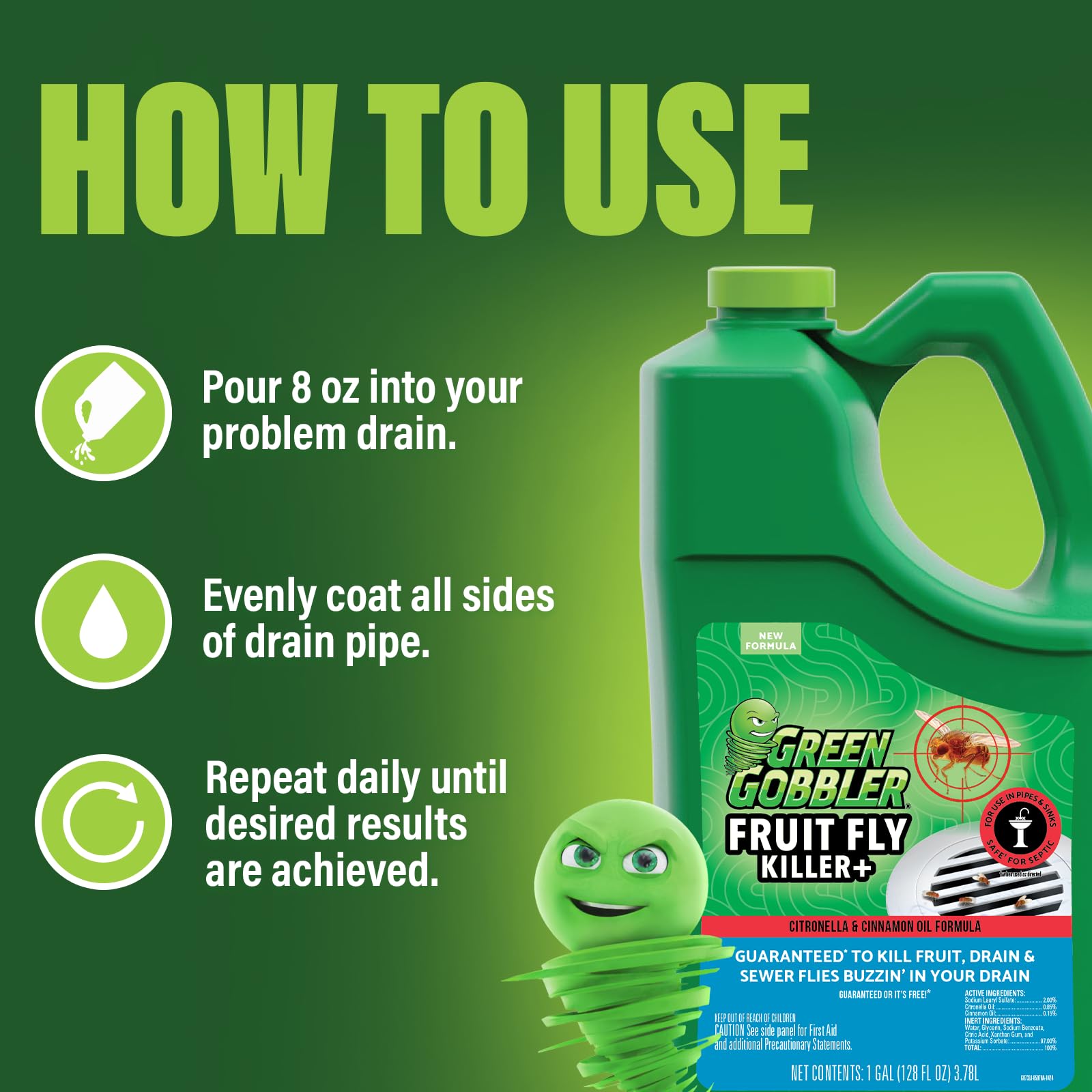 Green Gobbler etiqueta con instrucciones claras para uso seguro y eficaz