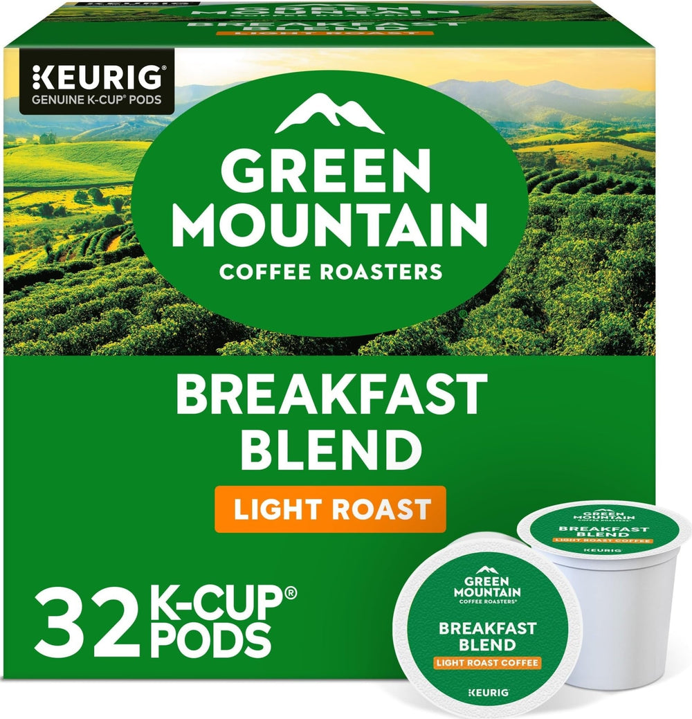 Green Mountain Coffee Roasters frente de la caja mostrando la marca y beneficio práctico
