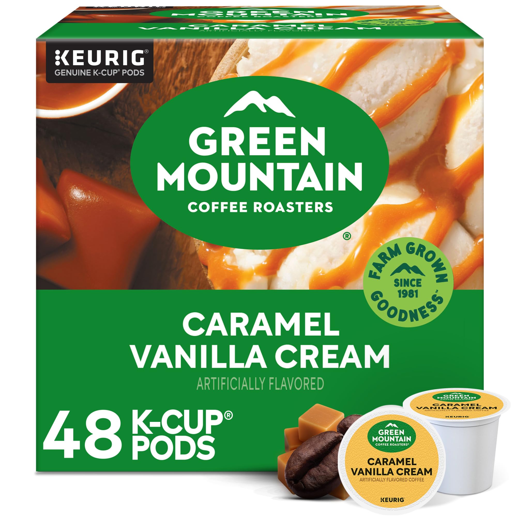 Green Mountain frontal del empaque mostrando sabor caramelo vainilla y 48 unidades