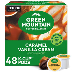 Green Mountain frontal del empaque mostrando sabor caramelo vainilla y 48 unidades