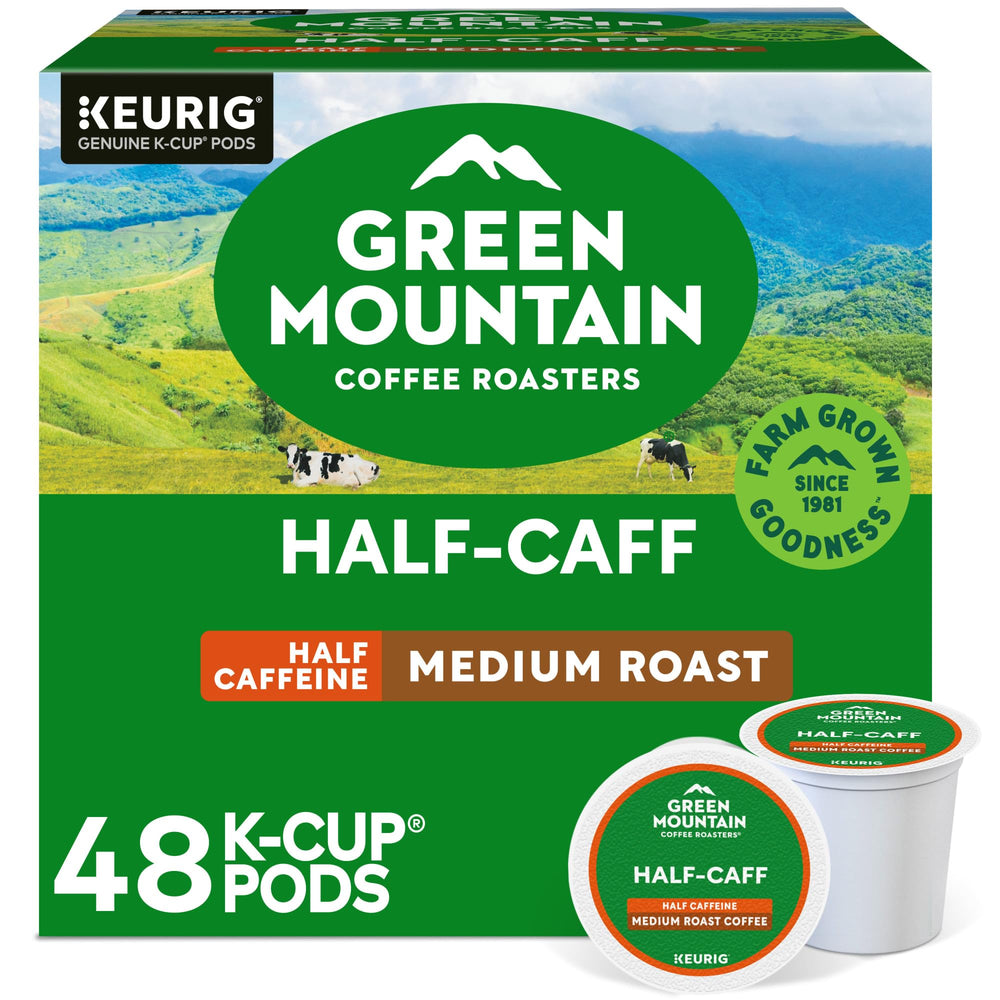 Green Mountain Coffee Roasters paquete frontal mostrando 48 cápsulas y conveniencia