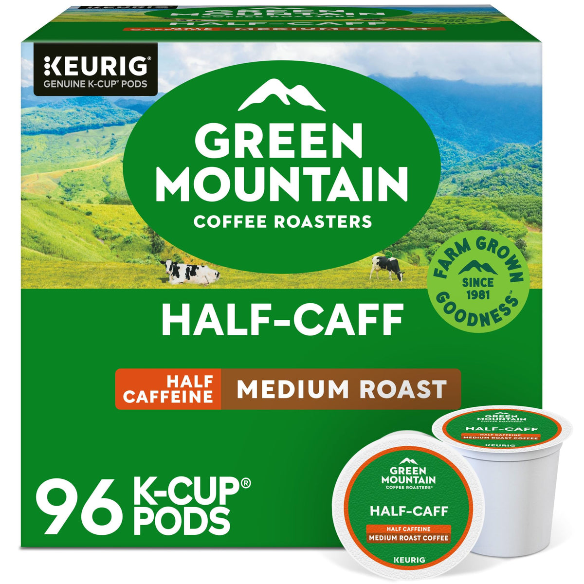 Green Mountain Coffee Roasters pack frontal mostrando 96 cápsulas y conveniencia
