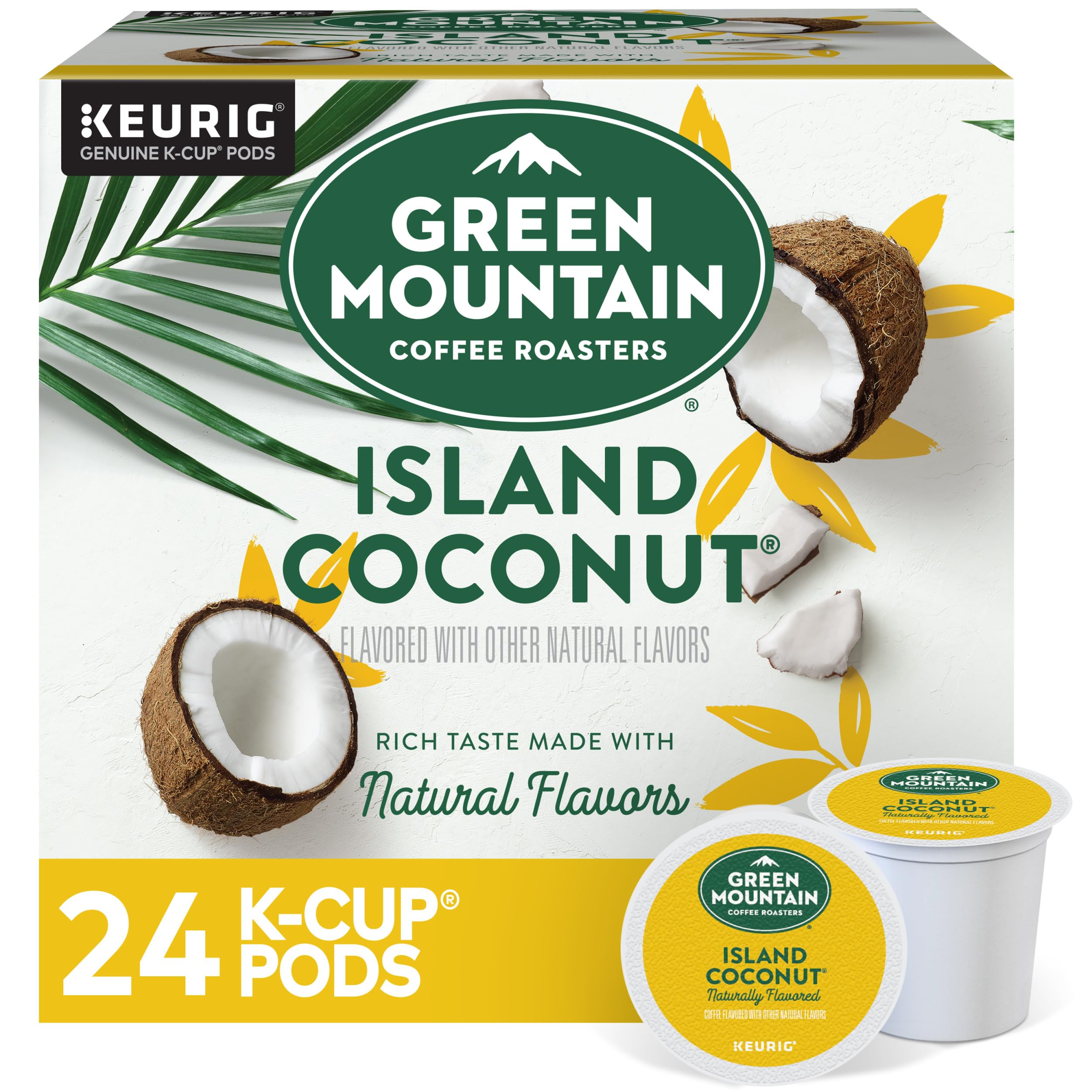 Green Mountain Coffee Roasters empaque frontal con sabor Island Coconut mostrando 24 cápsulas