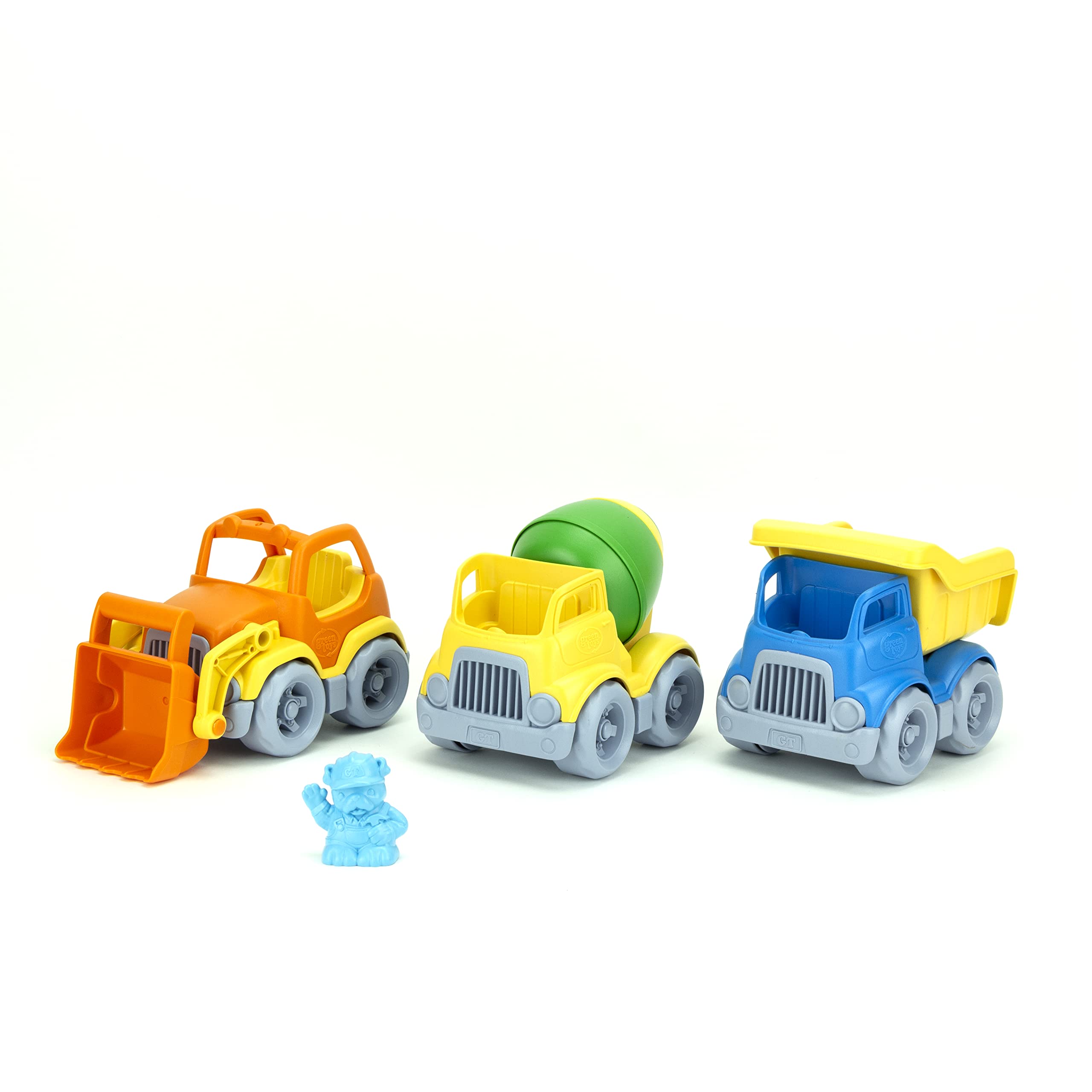 Green Toys pack frontal con Scooper Mixer Dumper y personaje, detalle seguro