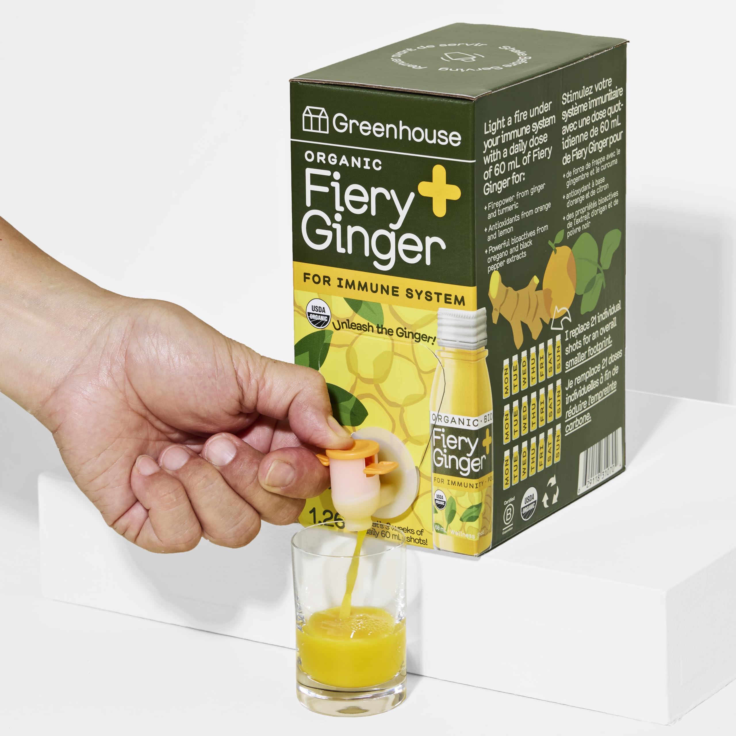 Greenhouse Juice Co bolsa frente mostrando etiqueta y diseño, conveniencia para 42 dosis