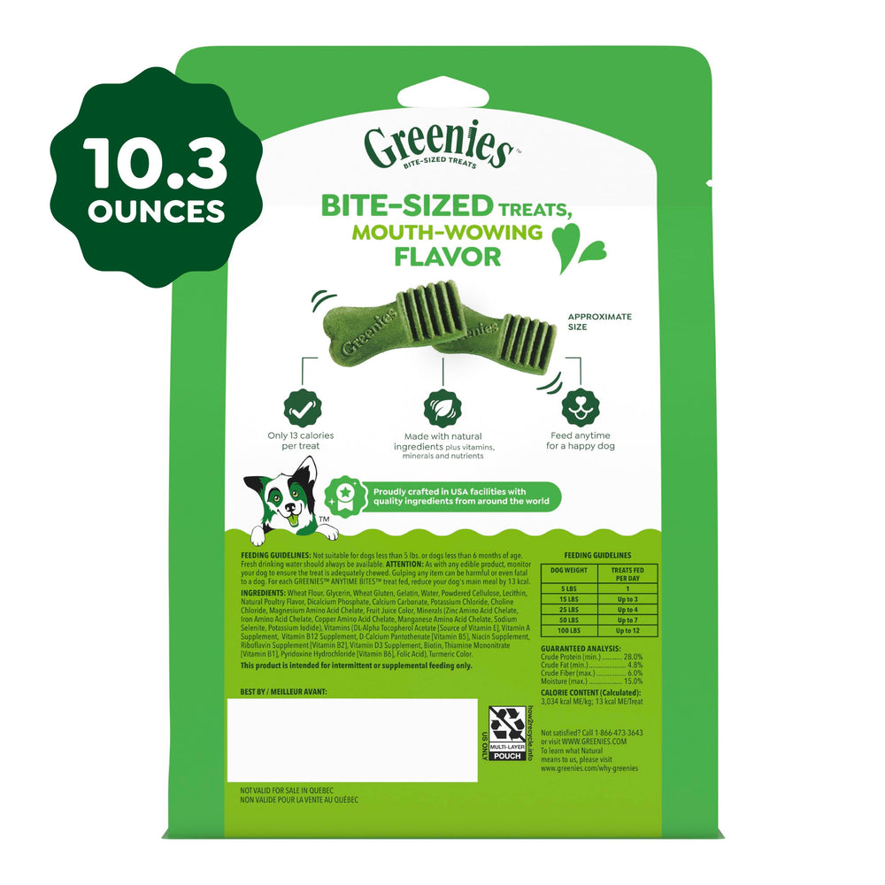 Greenies etiqueta nutricional con calorías por unidad claras