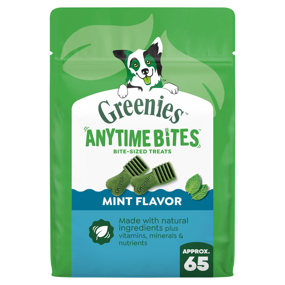 Greenies empaque frontal mostrando Anytime Bites y beneficio práctico