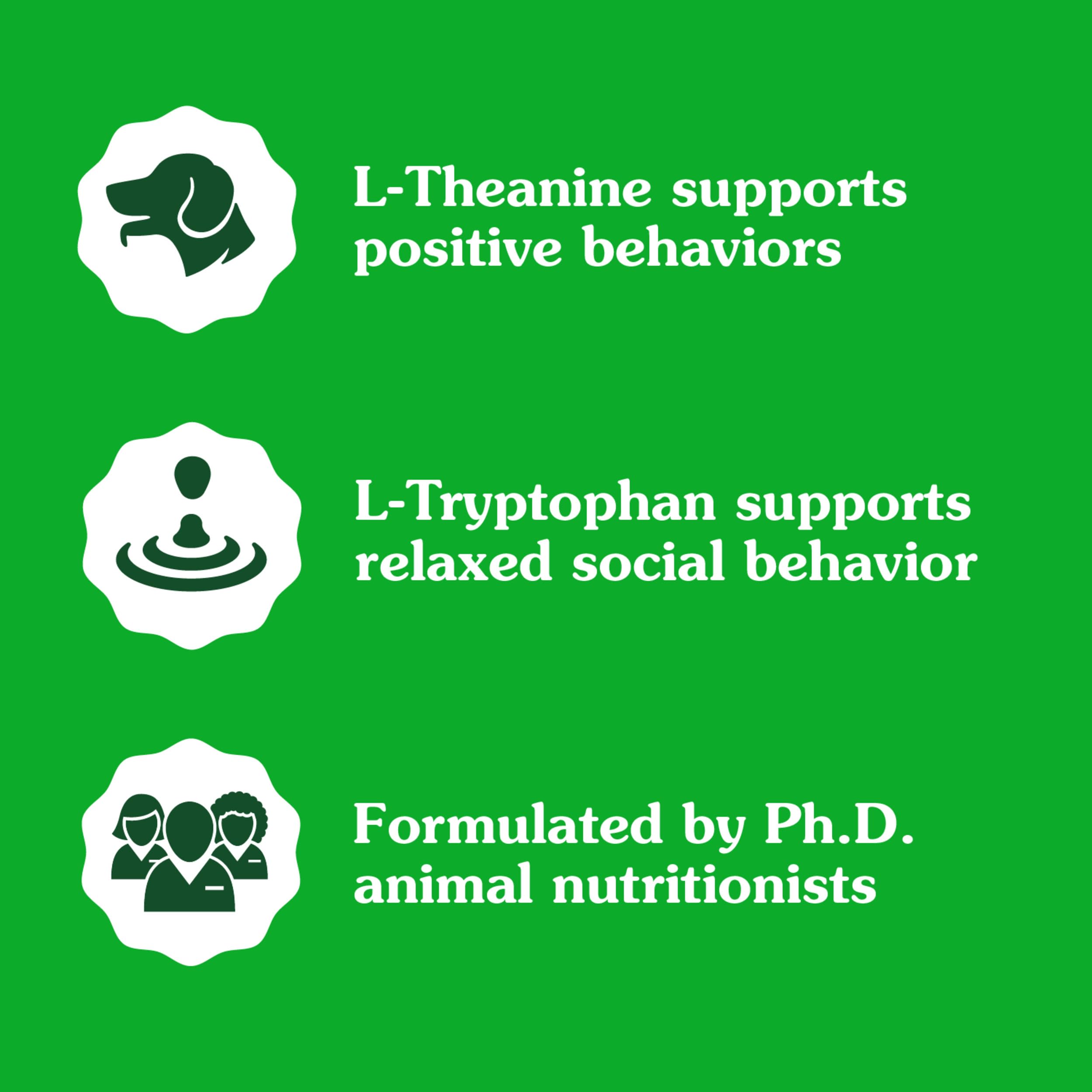 Ingredientes destacados L‑Theanine y L‑Tryptophan cerca del bocado Greenies