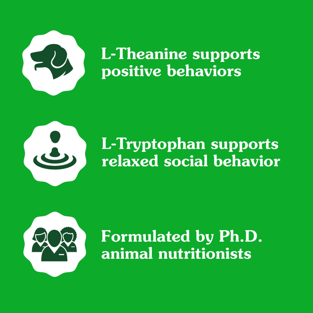 Ingredientes destacados L‑Theanine y L‑Tryptophan cerca del bocado Greenies