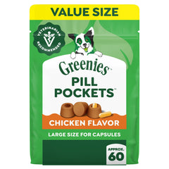 Greenies empaque frontal mostrando 15.8 oz y sabor pollo, fácil identificación