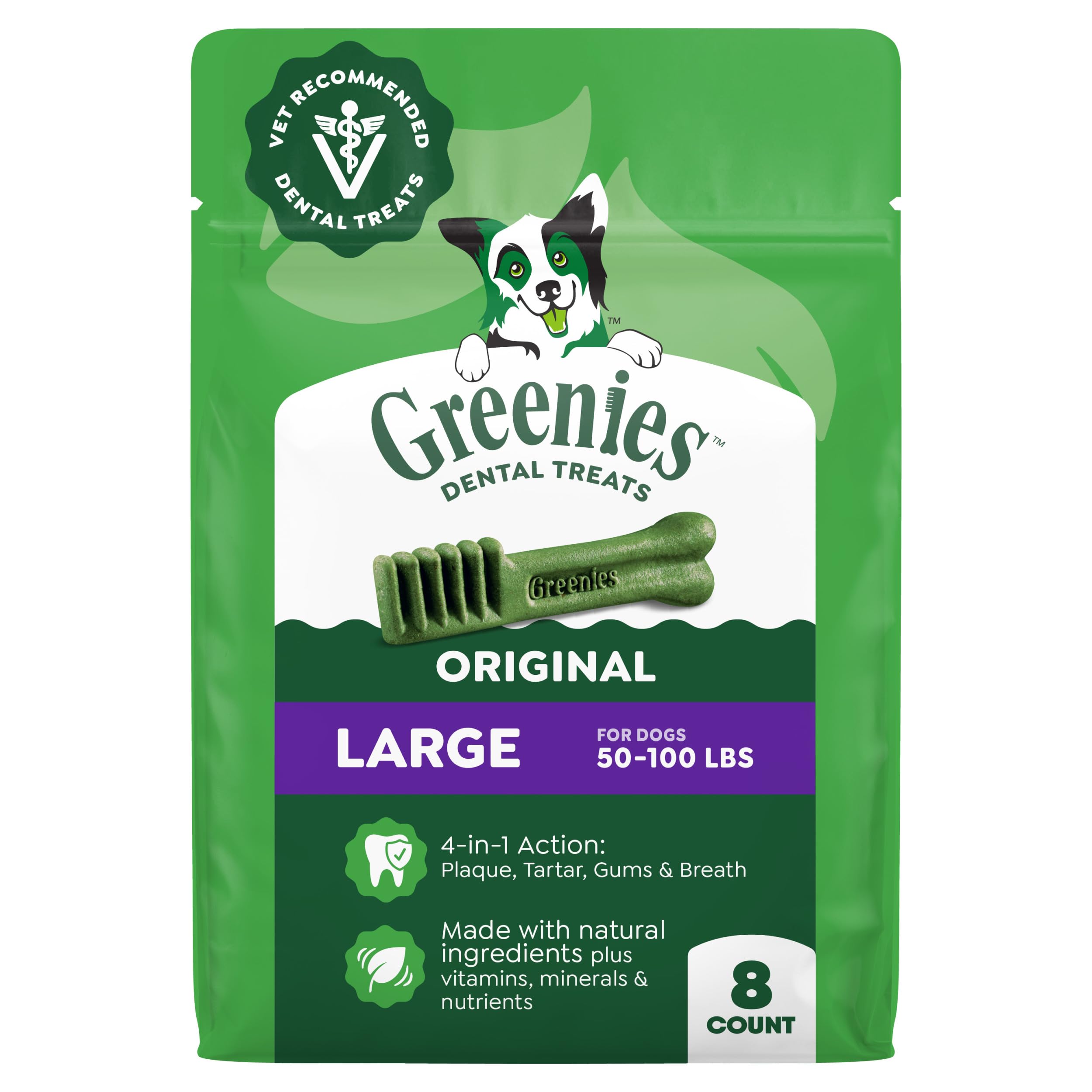 Greenies empaque frontal mostrando producto y cantidad, beneficio limpieza dental