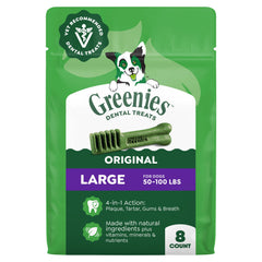 Greenies empaque frontal mostrando producto y cantidad, beneficio limpieza dental