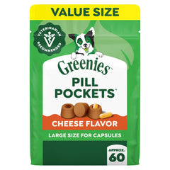 Greenies empaque frontal Pill Pockets queso mostrando beneficio conveniencia