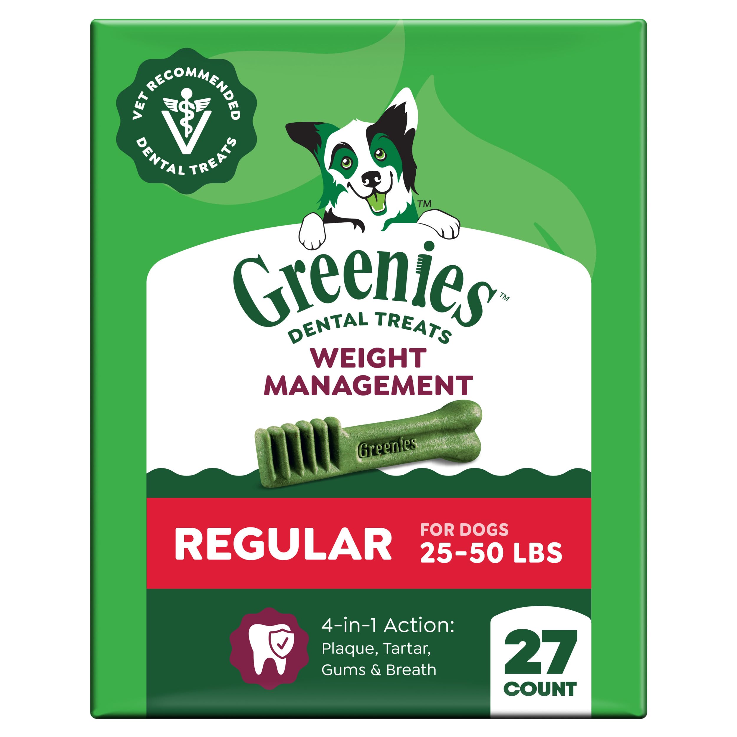 Greenies empaque frontal mostrando 27 unidades y beneficios dentales