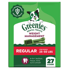 Greenies empaque frontal mostrando 27 unidades y beneficios dentales
