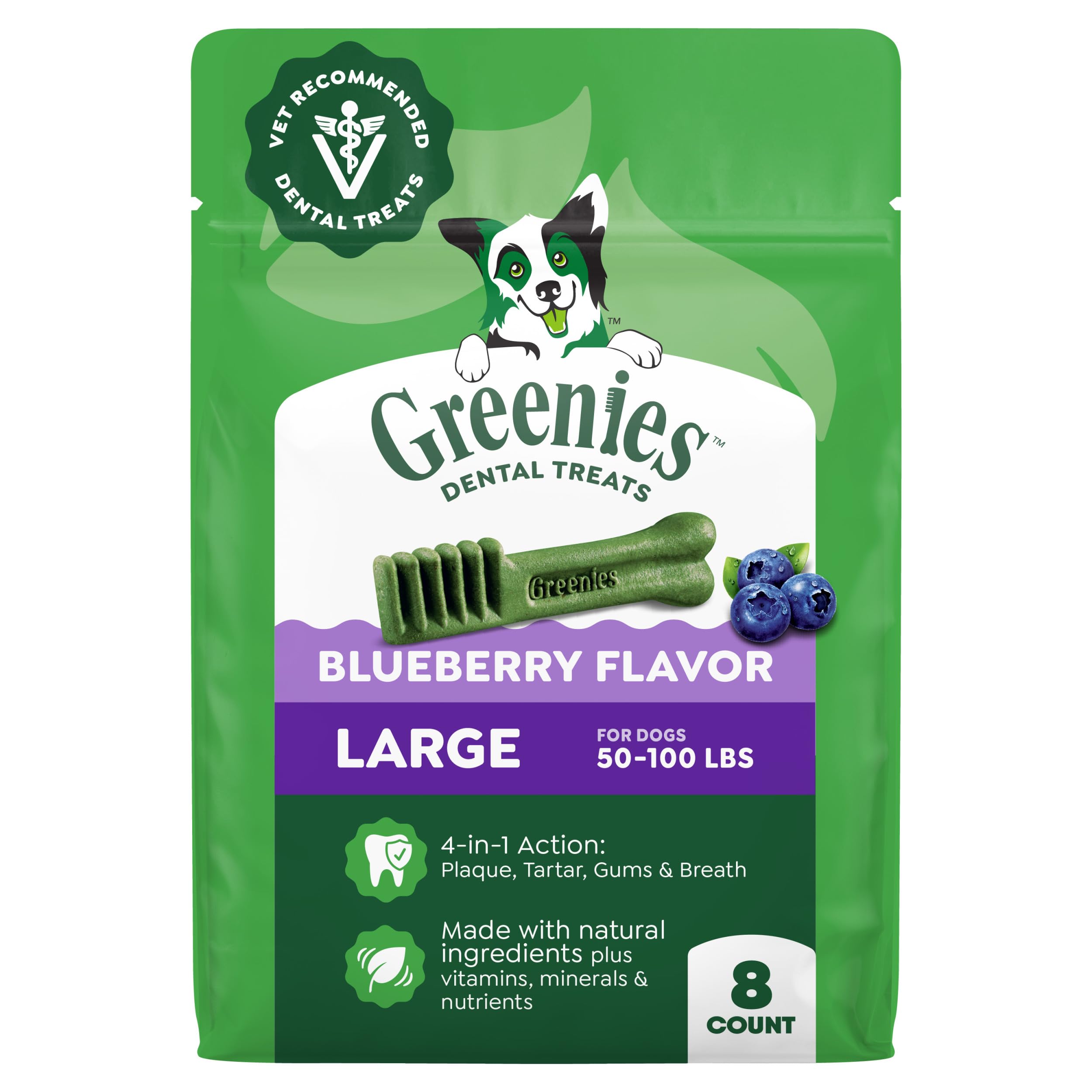Greenies empaque frontal mostrando el producto y beneficio dental
