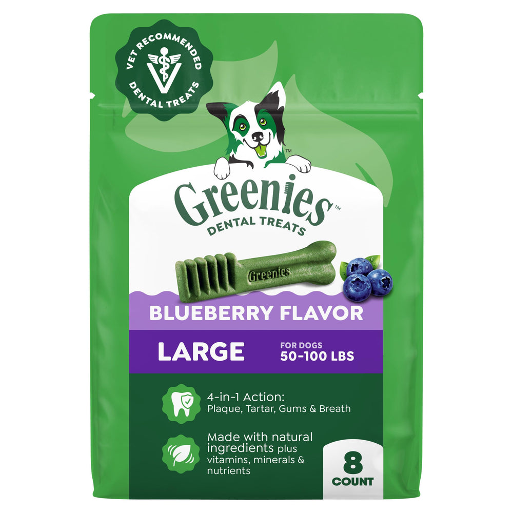 Greenies empaque frontal mostrando el producto y beneficio dental